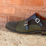 DapperFam Monaco in Green / Grey / Navy Men's Flannel & Lux Suede & Italian Pebble Grain Leather Double Monk in #color_