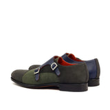 DapperFam Monaco in Green / Grey / Navy Men's Flannel & Lux Suede & Italian Pebble Grain Leather Double Monk in #color_