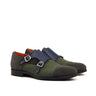 DapperFam Monaco in Green / Grey / Navy Men's Flannel & Lux Suede & Italian Pebble Grain Leather Double Monk in Green / Grey / Navy #color_ Green / Grey / Navy