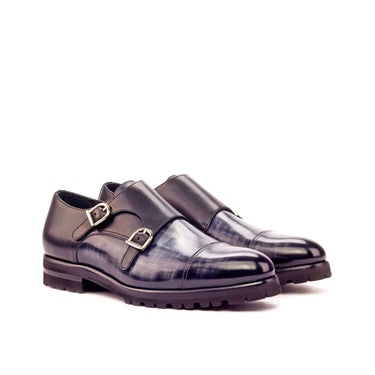 DapperFam Monaco in Grey / Black Men's Italian Leather & Hand-Painted Patina Double Monk in Grey / Black #color_ Grey / Black