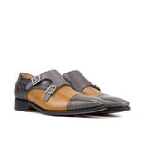 DapperFam Monaco in Grey / Cognac Men's Italian Full Grain & Embossed Leather Double Monk in Grey / Cognac #color_ Grey / Cognac