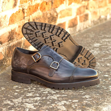 DapperFam Monaco in Grey Men's Hand-Painted Patina Double Monk in #color_