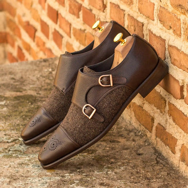 DapperFam Monaco in Herringbone / Dark Brown Men's Sartorial & Italian Full Grain Leather Double Monk in #color_