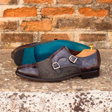 DapperFam Monaco in Herringbone / Grey Men's Sartorial & Hand-Painted Patina Double Monk in #color_