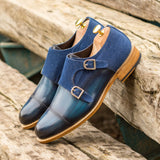 DapperFam Monaco in Jeans / Denim Men's Sartorial & Hand-Painted Patina Double Monk in #color_