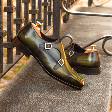 DapperFam Monaco in Khaki Men's Hand-Painted Patina Double Monk in #color_