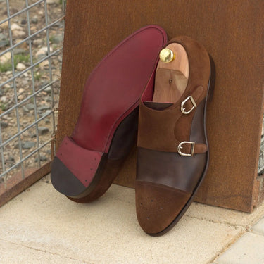 DapperFam Monaco in Med Brown / Dark Brown Men's Lux Suede & Italian Leather Double Monk in #color_