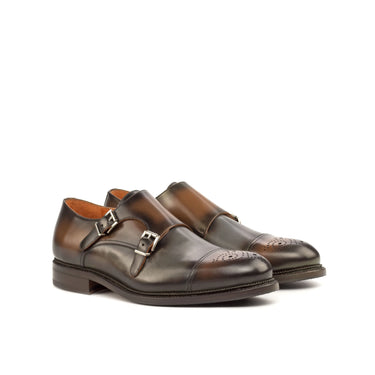 DapperFam Monaco in Med Brown / Grey Men's Italian Leather Double Monk in Med Brown / Grey #color_ Med Brown / Grey