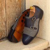 DapperFam Monaco in Navy / Light Grey Men's Flannel & Italian Pebble Grain Leather Double Monk in #color_