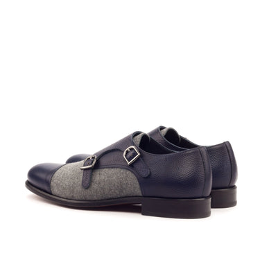 DapperFam Monaco in Navy / Light Grey Men's Flannel & Italian Pebble Grain Leather Double Monk in #color_