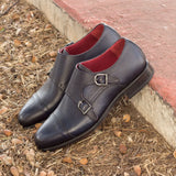 DapperFam Monaco in Navy Men's Italian Full Grain Leather Double Monk in #color_