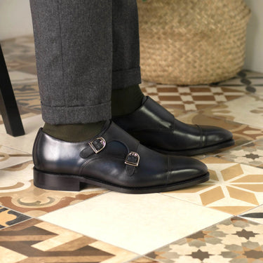 DapperFam Monaco in Navy Men's Italian Leather Double Monk in #color_