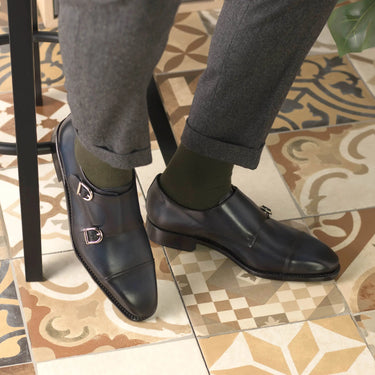 DapperFam Monaco in Navy Men's Italian Leather Double Monk in #color_