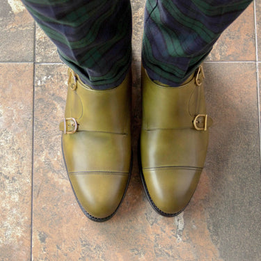 DapperFam Monaco in Olive Men's Italian Leather Double Monk in #color_