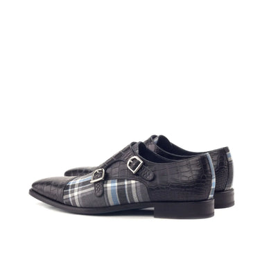 DapperFam Monaco in Plaid / Black Men's Sartorial & Italian Croco Embossed Leather Double Monk in #color_