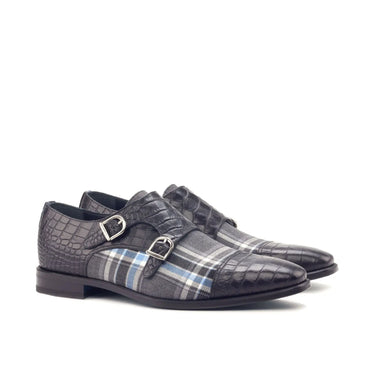 DapperFam Monaco in Plaid / Black Men's Sartorial & Italian Croco Embossed Leather Double Monk in Plaid / Black #color_ Plaid / Black