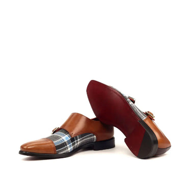 DapperFam Monaco in Plaid / Dark Brown / Med Brown Men's Sartorial & Italian Leather Double Monk in #color_