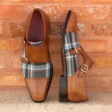 DapperFam Monaco in Plaid / Dark Brown / Med Brown Men's Sartorial & Italian Leather Double Monk in #color_