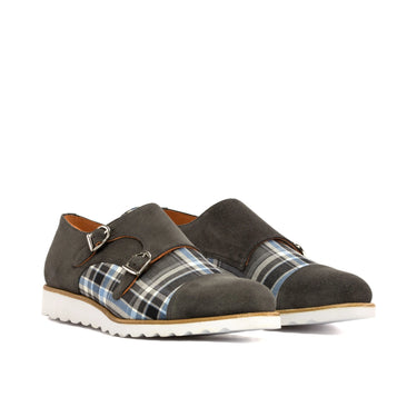 DapperFam Monaco in Plaid / Grey Men's Sartorial & Lux Suede Double Monk in Plaid / Grey #color_ Plaid / Grey