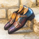 DapperFam Monaco in Purple / Burgundy / Denim / Cognac Men's Hand-Painted Patina Double Monk in #color_