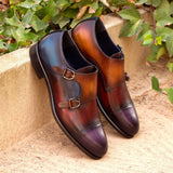 DapperFam Monaco in Purple / Denim / Cognac / Blackwatch Men's Sartorial & Hand-Painted Patina Double Monk in #color_