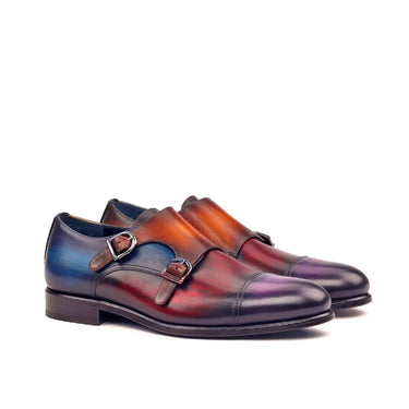 DapperFam Monaco in Purple / Denim / Cognac / Blackwatch Men's Sartorial & Hand-Painted Patina Double Monk in Purple / Denim / Cognac / Blackwatch #color_ Purple / Denim / Cognac / Blackwatch