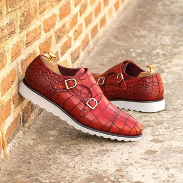 DapperFam Monaco in Red Men's Italian Croco Embossed Leather Double Monk in #color_