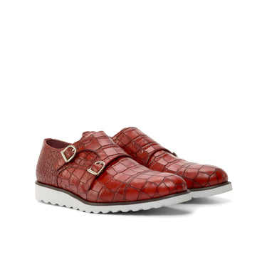 DapperFam Monaco in Red Men's Italian Croco Embossed Leather Double Monk in Red #color_ Red