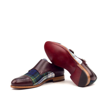 DapperFam Monaco in Tartan / Burgundy Men's Sartorial & Italian Leather Double Monk in #color_