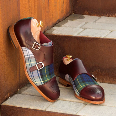 DapperFam Monaco in Tartan / Burgundy Men's Sartorial & Italian Leather Double Monk in #color_