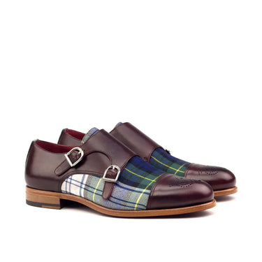 DapperFam Monaco in Tartan / Burgundy Men's Sartorial & Italian Leather Double Monk in Tartan / Burgundy #color_ Tartan / Burgundy