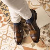 DapperFam Monaco in Tobacco Men's Hand-Painted Patina Double Monk in #color_