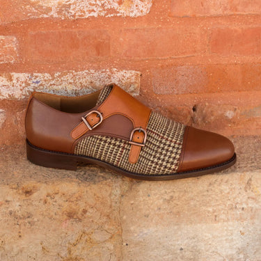 DapperFam Monaco in Tweed / Cognac / Med Brown Men's Sartorial & Italian Leather Double Monk in #color_