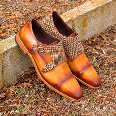 DapperFam Monaco in Tweed / Cognac Men's Sartorial & Hand-Painted Patina Double Monk in #color_