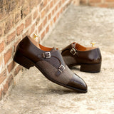 DapperFam Monaco in Tweed / Dark Brown Men's Sartorial & Italian Leather Double Monk in #color_