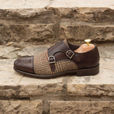 DapperFam Monaco in Tweed / Dark Brown Men's Sartorial & Italian Leather Double Monk in #color_