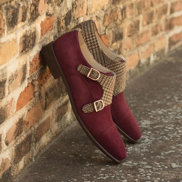 DapperFam Monaco in Wine / Tweed Men's Sartorial & Italian Suede Double Monk in #color_