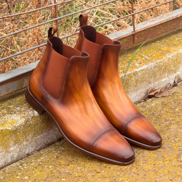 DapperFam Monza in Cognac Men's Hand-Painted Patina Chelsea Boot in #color_