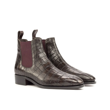 DapperFam Monza in Dark Brown / Burgundy Men's Italian Croco Embossed Leather Chelsea Boot in Dark Brown / Burgundy #color_ Dark Brown / Burgundy