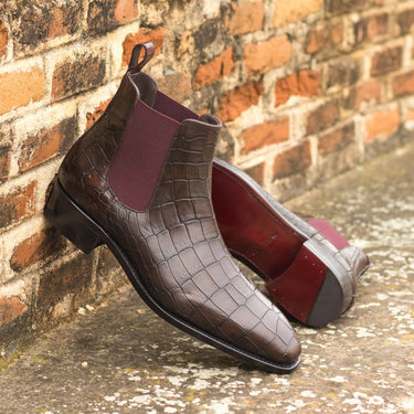 DapperFam Monza in Dark Brown / Burgundy Men's Italian Croco Embossed Leather Chelsea Boot in #color_