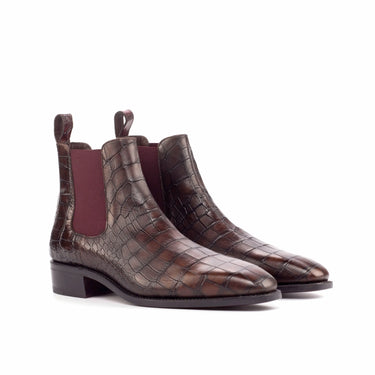 DapperFam Monza in Dark Brown / Burgundy Men's Italian Croco Embossed Leather Chelsea Boot in Dark Brown / Burgundy #color_ Dark Brown / Burgundy