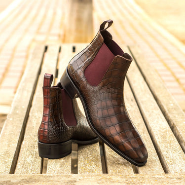 DapperFam Monza in Dark Brown / Burgundy Men's Italian Croco Embossed Leather Chelsea Boot in #color_