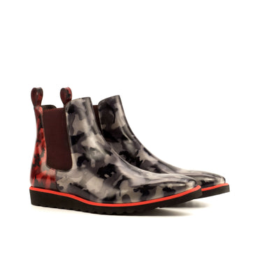 DapperFam Monza in Grey Camo / Burgundy Camo Men's Hand-Painted Patina Chelsea Boot in Grey Camo / Burgundy Camo #color_ Grey Camo / Burgundy Camo