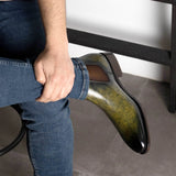 DapperFam Monza in Khaki Men's Hand-Painted Patina Chelsea Boot in #color_