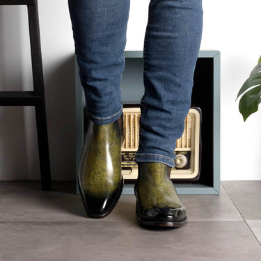 DapperFam Monza in Khaki Men's Hand-Painted Patina Chelsea Boot in #color_