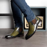 DapperFam Monza in Khaki Men's Hand-Painted Patina Chelsea Boot in #color_