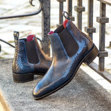 DapperFam Monza in Navy Men's Exotic Python & Italian Croco Embossed Leather Chelsea Boot in #color_