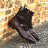 DapperFam Octavian in Brown / Black Men's Lux Suede & Hand-Painted Patina Buckle Boot in #color_