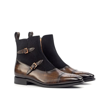 DapperFam Octavian in Brown / Black Men's Lux Suede & Hand-Painted Patina Buckle Boot in Brown / Black #color_ Brown / Black