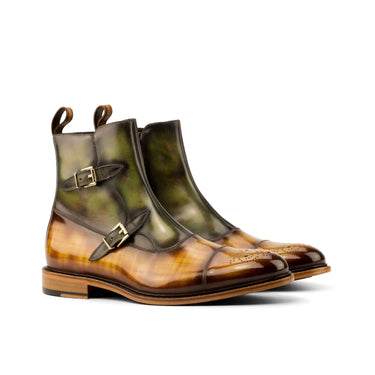 DapperFam Octavian in Cognac / Green Men's Hand-Painted Patina Buckle Boot in Cognac / Green #color_ Cognac / Green